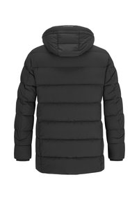 Schwarze gepolsterte Jacke mit Kapuze, ausgestattet mit einem gesteppeten Design und langen Ärmeln. Weicher Stoff mit sichtbaren Nähten und elastischen Bündchen.