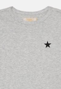Gray short-sleeve T-shirt made of soft fabric, featuring a small black star print on the left chest area. Simple crew neck design.