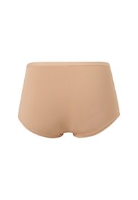 Beige højtaljede trusser med en glat stofstruktur. Har et enkelt, sømløst design og en minimalistisk taljeelastik for komfort.