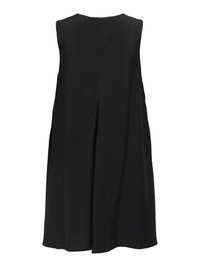 Vestito nero senza maniche con tessuto strutturato, lunghezza al ginocchio e chiusura con cerniera centrale sulla schiena.