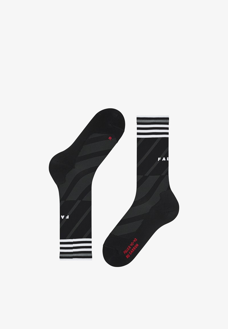 Chaussettes montantes noires et grises à motifs, avec bord-côtes blancs rayés, inscription "FALKE" sur le côté, et détails rouges de taille et modèle sur la semelle.