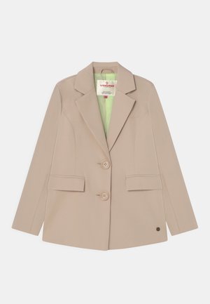 Beżowa marynarka wykonana z gładkiego materiału, z klapami, dwoma przednimi kieszeniami, dwoma guzikami i zieloną podszewką.