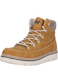 Brun lädervandringskänga med grå textilkrage, metallöglor, beige snören och strukturerad gummisula. Synliga sömnadsdetaljer.