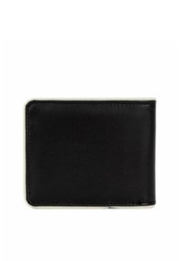 Portafoglio in pelle nera con superficie texture, bordato con un bordo chiaro a contrasto. Forma rettangolare compatta, design elegante.
