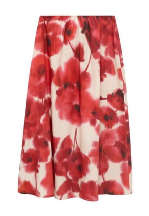 Red floral midi skirt featuring a soft, lightweight fabric with a gathered waistband and bold poppy print against a cream background.