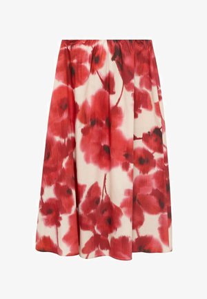 Punainen kukkakuosis midi-hame, joka on valmistettu pehmeästä ja kevyestä kankaasta. Hameessa on kerrottu vyötärö ja rohkea unikkoprintti vaalean kreemitaustan päällä.