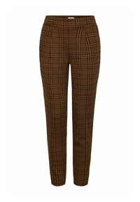 Pantalons à carreaux marron avec une coupe ajustée, présentant un motif pied-de-poule discret et une texture lisse. Conçus avec une taille mi-haute.