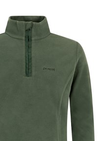 Fleece-Pullover in dunkelgrün mit einem halben Reißverschluss. Verfügt über einen hohen Kragen und ein kleines gesticktes Logo auf der Brust. Weicher Stoff, lässiges Design.