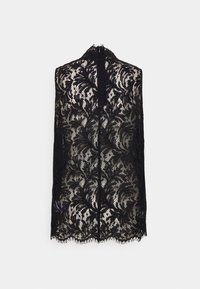 Haut sans manches en dentelle noire avec motif floral, col montant et ourlet festonné, présenté à plat sur un fond clair.