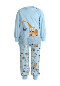 Pigiama per bambini di colore azzurro chiaro con una grafica di un escavatore giallo sulla parte superiore e un pantalone decorato con temi di costruzione e personaggi giocosi.
