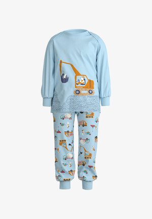 Light blue children’s pajamas featuring a yellow excavator graphic on the top and a patterned bottom with construction themes and playful characters.