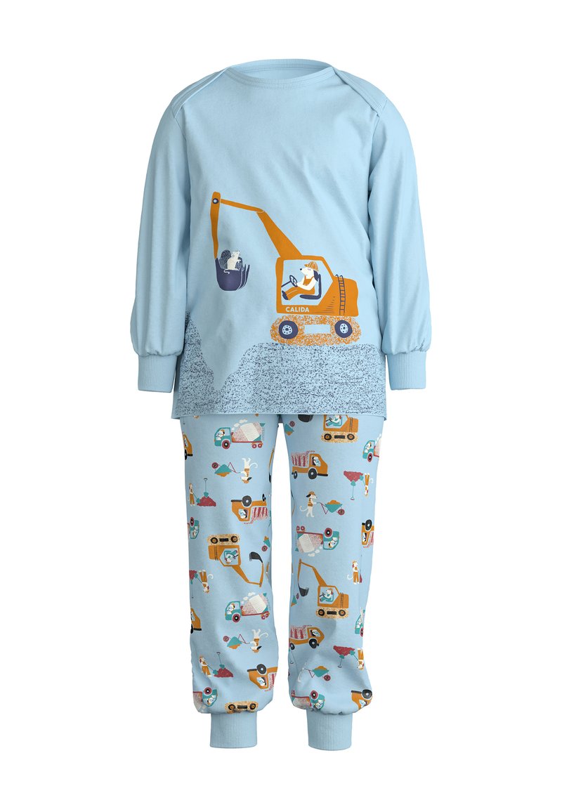 Pigiama per bambini di colore azzurro chiaro con una grafica di un escavatore giallo sulla parte superiore e un pantalone decorato con temi di costruzione e personaggi giocosi.