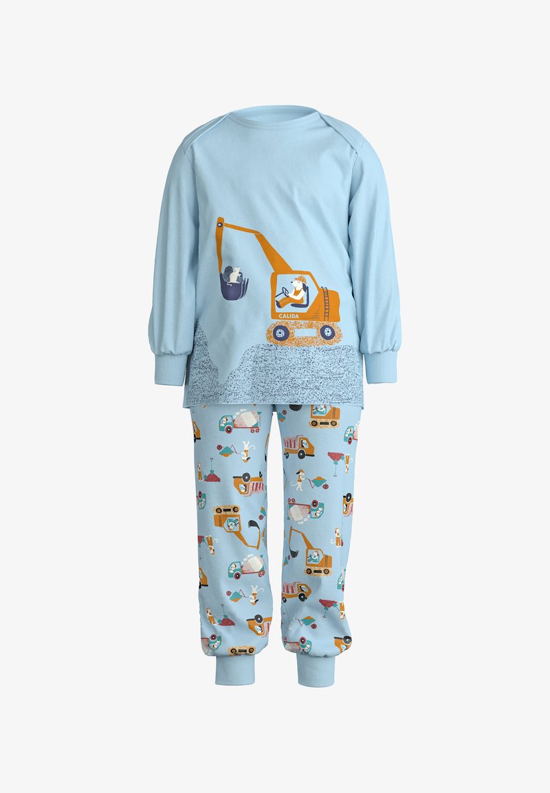Himmelblaue Kinderpyjamas mit einem gelben Bagger-Motiv auf dem Oberteil und einem gemusterten Unterteil mit Baustellenmotiven und verspielten Charakteren.