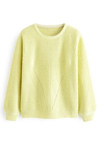 Gestrickter gelber Pullover mit Rundhalsausschnitt, strukturiertem Stichmuster und voluminösen Ärmeln. Verfügt über ein geometrisches Design und einen gerippten Saum.