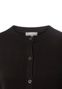 Zwarte gebreide cardigan met een ronde halslijn, voorzien van vijf knopen aan de voorkant, en een label met de tekst "Marie Lund Kopenhagen."
