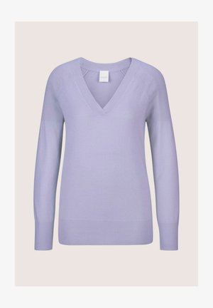 Lavendel V-Ausschnitt Pullover mit langen Ärmeln, gerippten Bündchen und Saum sowie einer glatten Textur. Hergestellt aus leichtem Strickmaterial.