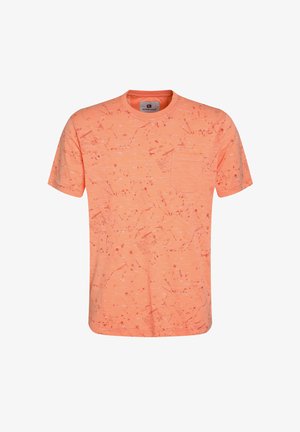 Kratka majica s kratkimi rokavi v svetlo oranžni barvi z teksturiranim vzorcem, z žepom na prsih in klasičnim okroglim izrezom. Mehka tkanina.