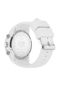 Orologio in bioplastica bianca con cassa rotonda, cinturino texturizzato, hardware argentato, tre pulsanti a corona e resistenza all'acqua fino a 10 ATM.