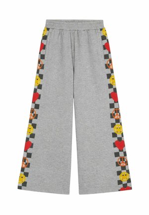 Pantalon gris à jambes larges avec taille élastique, comprenant des bandes latérales à carreaux décorées de visages souriants jaunes, de cœurs rouges et de signes de paix orange.