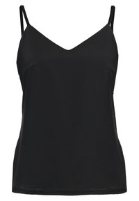 Schwarzes Spaghettitop mit V-Ausschnitt, dünnen verstellbaren Trägern und glatter, glänzender Textur. Hat eine figurbetonte Silhouette.