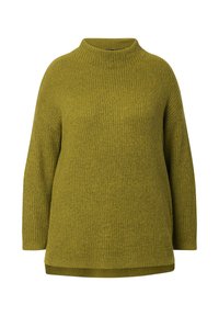Maglione a coste color verde oliva con un collo alto e maniche lunghe. Presenta una vestibilità rilassata e un orlo dritto con spacco laterale.