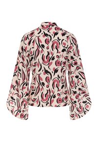 Flödande blus i ett krämfärgat tyg, med ett mönster av svarta och rosa blommor. Prägling med klockärmar och en klassisk krage fulländar designen.
