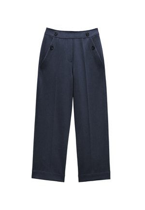Granatowe spodnie o szerokich nogawkach, uszyte z teksturowanej tkaniny, z dwiema przednimi kieszeniami i dwoma ozdobnymi czarnymi guzikami w talii.