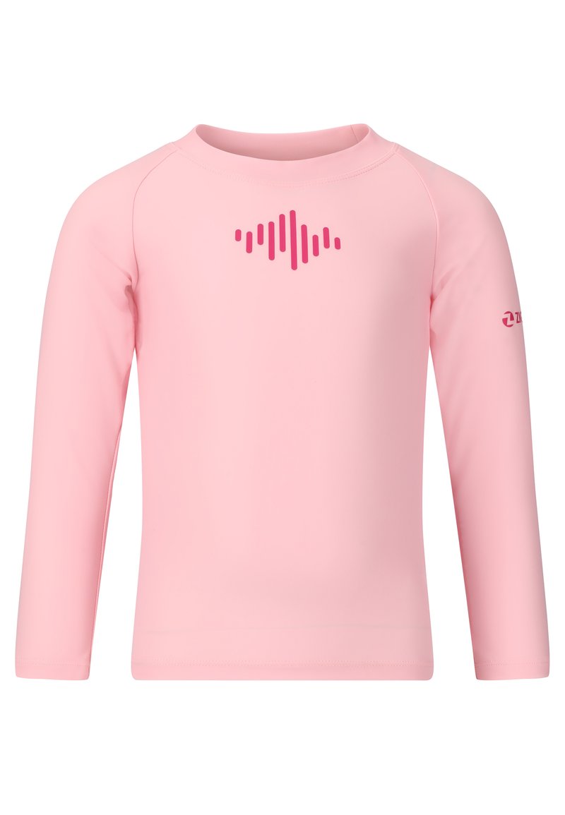 Lyserød langærmet rash guard med rund halsudskæring. Har et pink lydv Wave-graphic på forsiden og logo-detalje på ærmet.