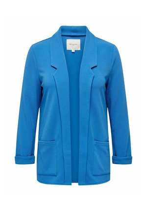 Blauer offen gestalteter Blazer aus strukturiertem Stoff, mit langen Ärmeln, zwei Fronttaschen und lockerem Schnitt.