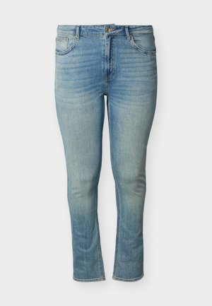 Lichtblauwe slim-fit jeans met hoge taille, knoop- en ritssluiting, voor- en achterzakken, en vervaagde details op dijen en knieën.