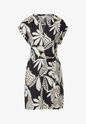 Floral dress in black and white, featuring a V-neck, short sleeves, and a belted waist, made of lightweight fabric with a textured finish.