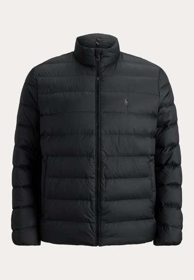 Black quilted puffer jacket with full front zipper, high collar, long sleeves, and small embroidered logo on the left chest.
