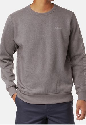 Mężczyzna ubrany w szarą bluzę Columbia z logo na piersi i rękawie, w połączeniu z ciemnymi spodniami.