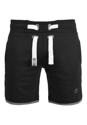 Schwarze Sportshorts aus strukturiertem Material, mit weißen Kordeln, grauen Akzentnähten und einem kleinen Logo auf der unteren linken Vorderseite.