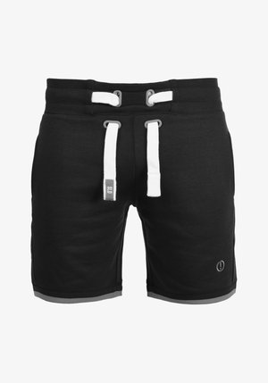 Fekete sportos rövidnadrág texturált anyagból, fehér zsinórral, szürke díszítő varrással és egy kis logóval a bal alsó részen.