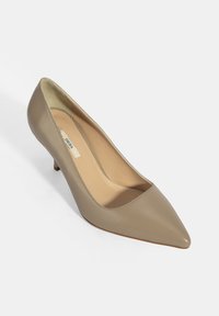 Escarpin en cuir beige avec un bout pointu et un léger éclat, doté d'un petit talon aiguille et d'une doublure intérieure lisse.