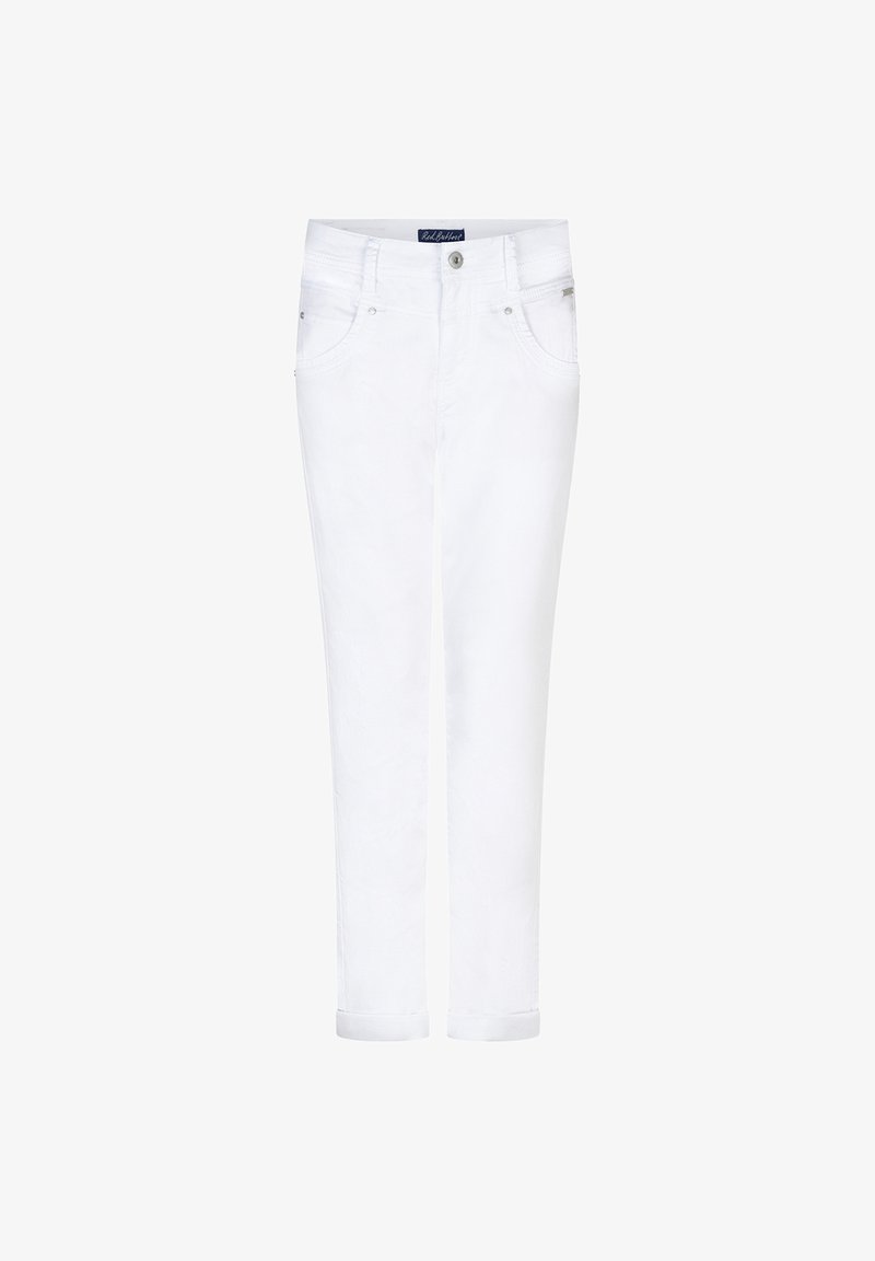 White slim-fit jeans with button closure, belt loops, front and back pockets, and rolled-up cuffs.