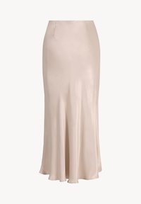Satin midi-rok in lichtbeige, met een gladde textuur, een aansluitende taille en een uitlopende zoom die elegant valt.
