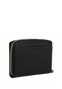 Portafoglio in pelle nera con superficie texture, chiusura con zip e numerose fessure per carte. Accessori in metallo color oro per la zip.