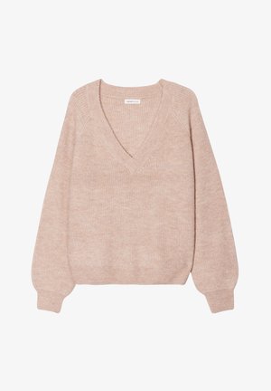 Beige V-Ausschnitt Pullover aus weichem, geripptem Stoff. Verfügt über lange Ärmel mit eng anliegenden Bündchen und bietet einen lockeren Sitz.