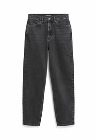 Jean noir taille haute à jambes droites avec poches avant et arrière, fermeture par bouton et étiquette de marque ARMENGLANS sur la ceinture.