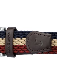 Tkaninowy pasek w kolorach granatowym, beżowym i czerwonym. Posiada brązowy skórzany akcent oraz metalowe zapięcie. Teksturowana powierzchnia z misternym plecionym wzorem.