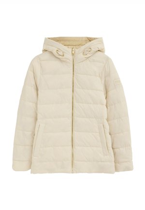 Lysebeige polstret jakke med lynlås foran, hætte med justerbare snore og to sidelommer.