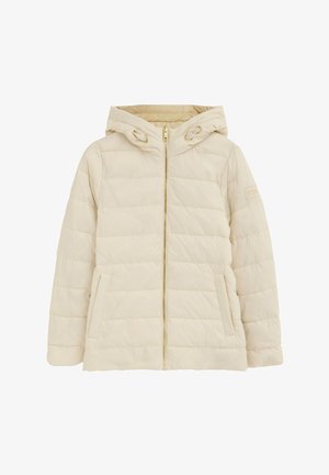 Jasno-beżowa pikowana kurtka z przednim zamkiem błyskawicznym, kapturem z regulowanymi troczkami i dwoma bocznymi kieszeniami.