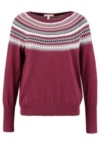 Pull en maille bordeaux à manches longues avec un motif en zigzag blanc, noir et bordeaux sur la poitrine et les épaules.