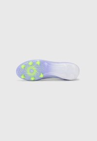 Soccer cleat sole in light purple and white, featuring a spiral pattern and six green studs for traction. Smooth texture enhances grip.