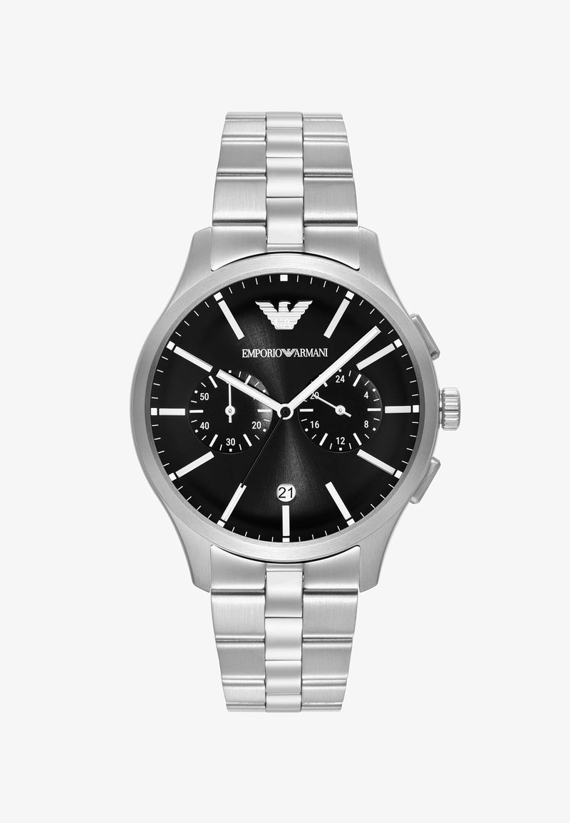 Orologio cronografo in acciaio inossidabile con quadrante nero, indicatori delle ore in argento, display della data alle 6, e bracciale in metallo spazzolato.