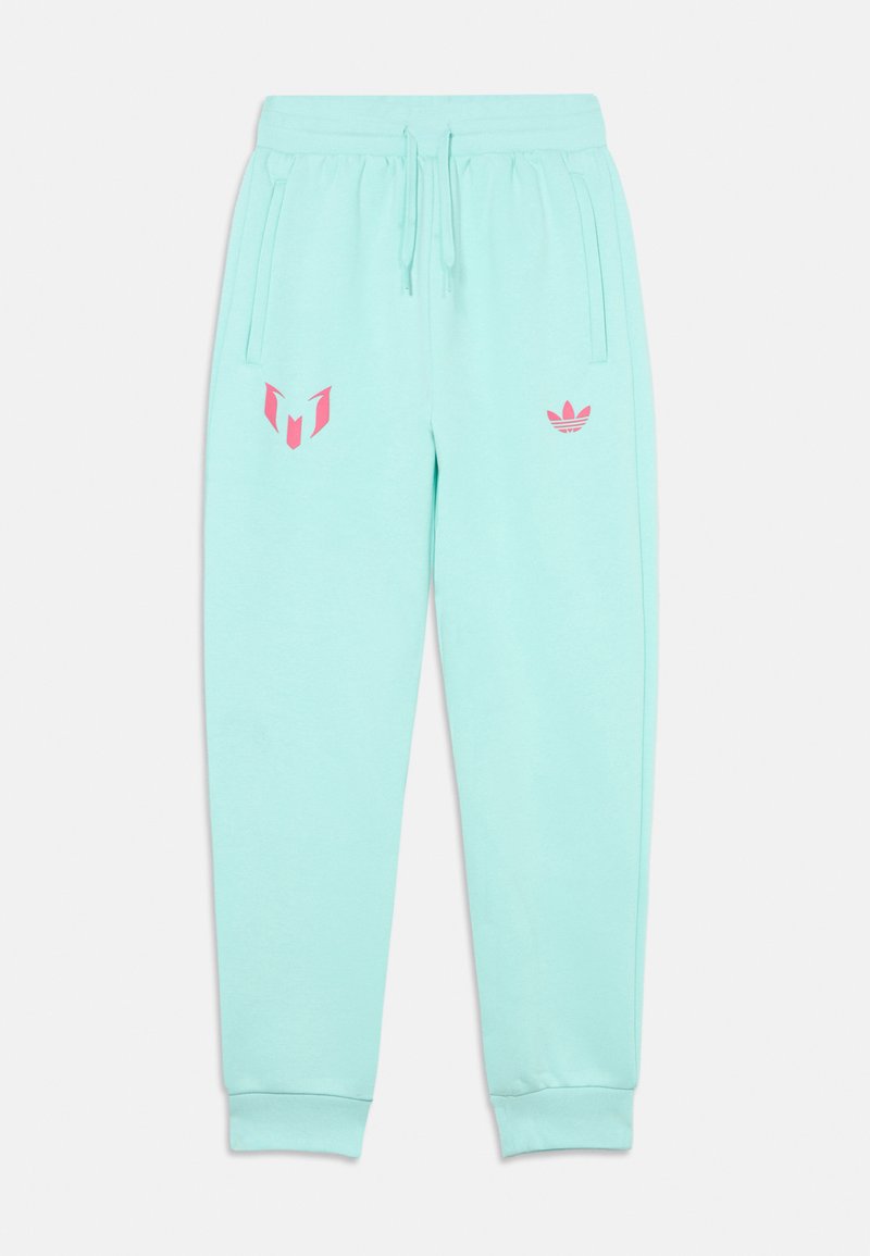 Φόρμες σε ανοιχτό τιρκουάζ χρώμα από μαλακό ύφασμα, με ροζ λογότυπα στο μπροστινό μέρος, ελαστική μέση και μανσέτες στους αστραγάλους.