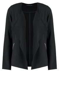 Giacca nera aperta sul fronte realizzata in tessuto liscio, caratterizzata da un design drappeggiato, maniche lunghe e tasche laterali con zip.