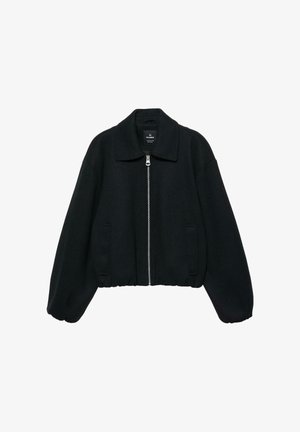 Schwarze Reißverschlussjacke mit weitem Kragen, elastischem Bund und langen, aufgeblasenen Ärmeln, mit seitlichen Eingrifftaschen vorne.